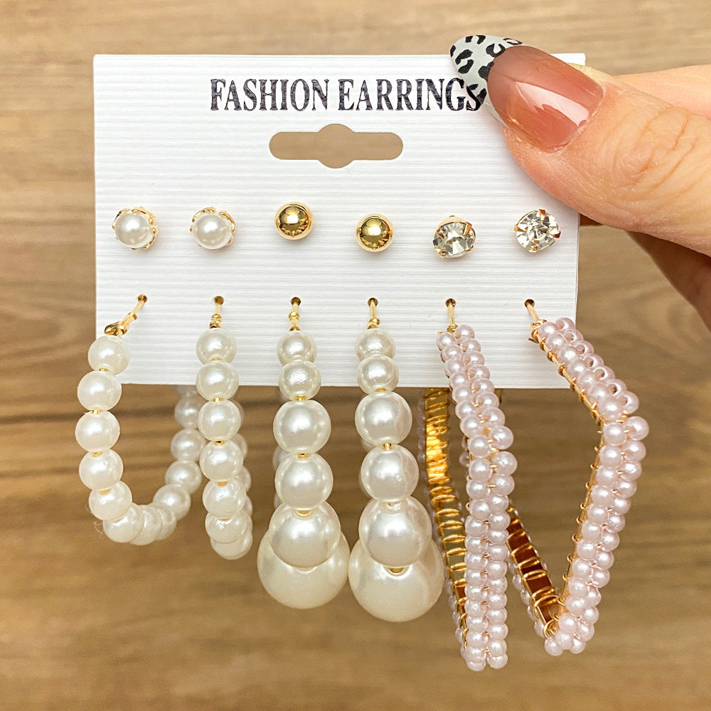 5 Sets New Pearl Earrings Set for Women Retro Metal Geometric C-Shaped 5 pairs Earrings