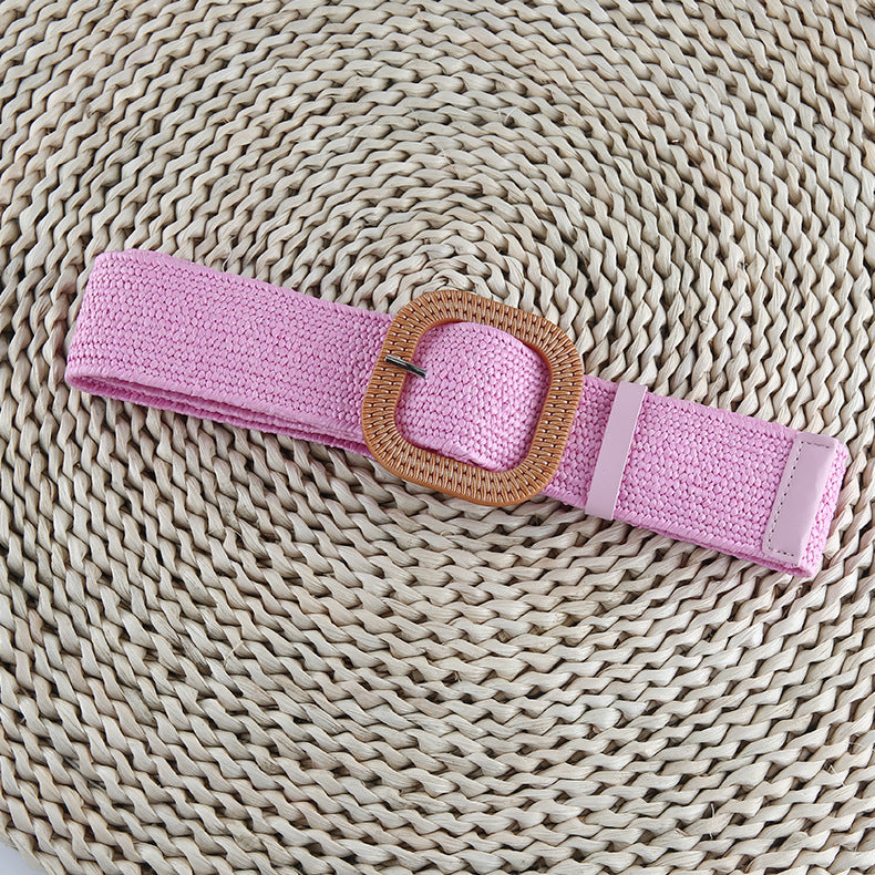 Cotton Hemp Wind Pp Grass Woven Belt For Women Round Square Buckle Dress Gown Decoration Belt