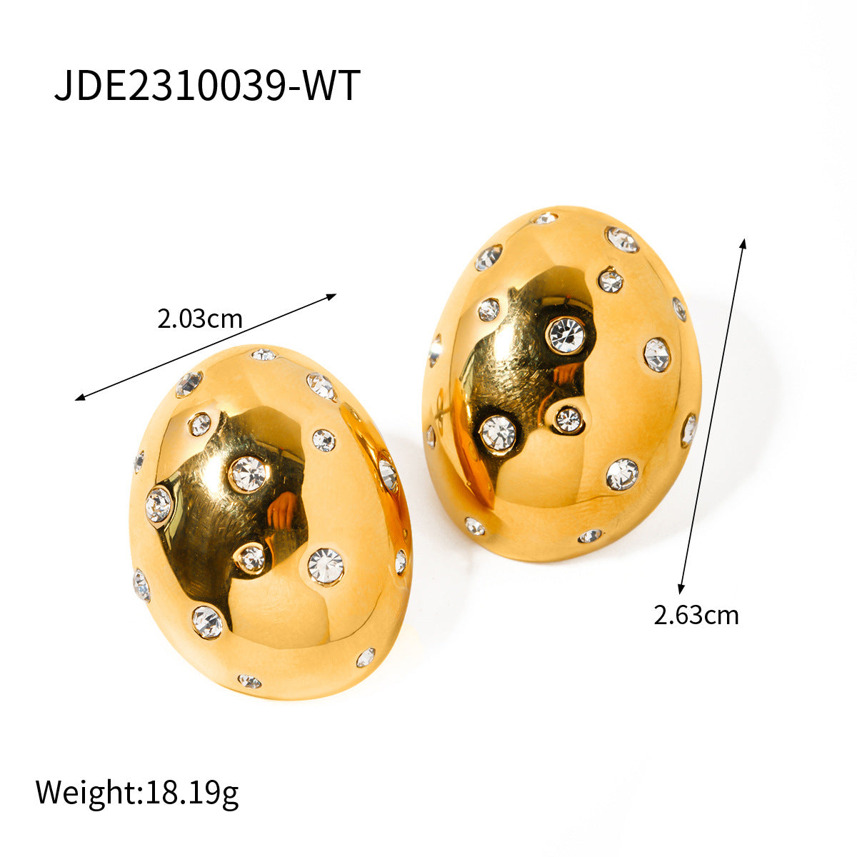 5pcs 18K Gold Stainless Steel Inlaid White Diamond Oval Earrings New Fashion Temperament Niche Set