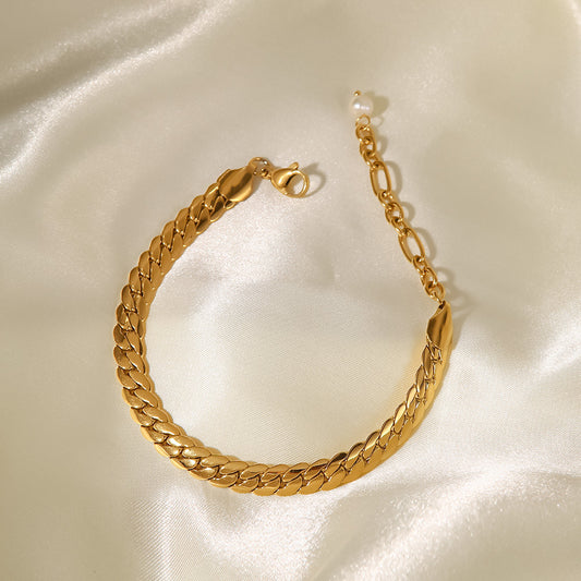 5pcs Simple Pearl Charm Bracelet Women's Jewelry 18K Gold Stainless Steel With Flat Punk Thick Border Cuban Chain Bracelet