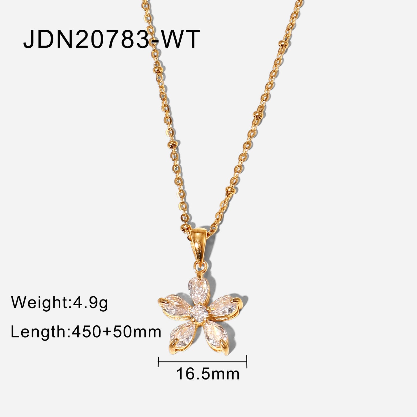 5pcs New Flower Necklace 18K Gold Plated Stainless Steel 16Mm White Zircon Five-Petal Flower Pendant Necklace For Women
