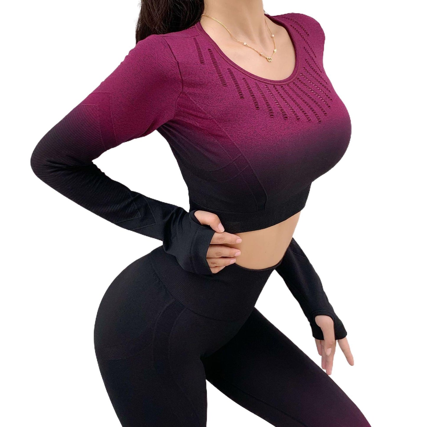 Autumn And Winter Gradient Long-Sleeved Yoga Suit Women's Tight Hip Lift Running Fitness Suit