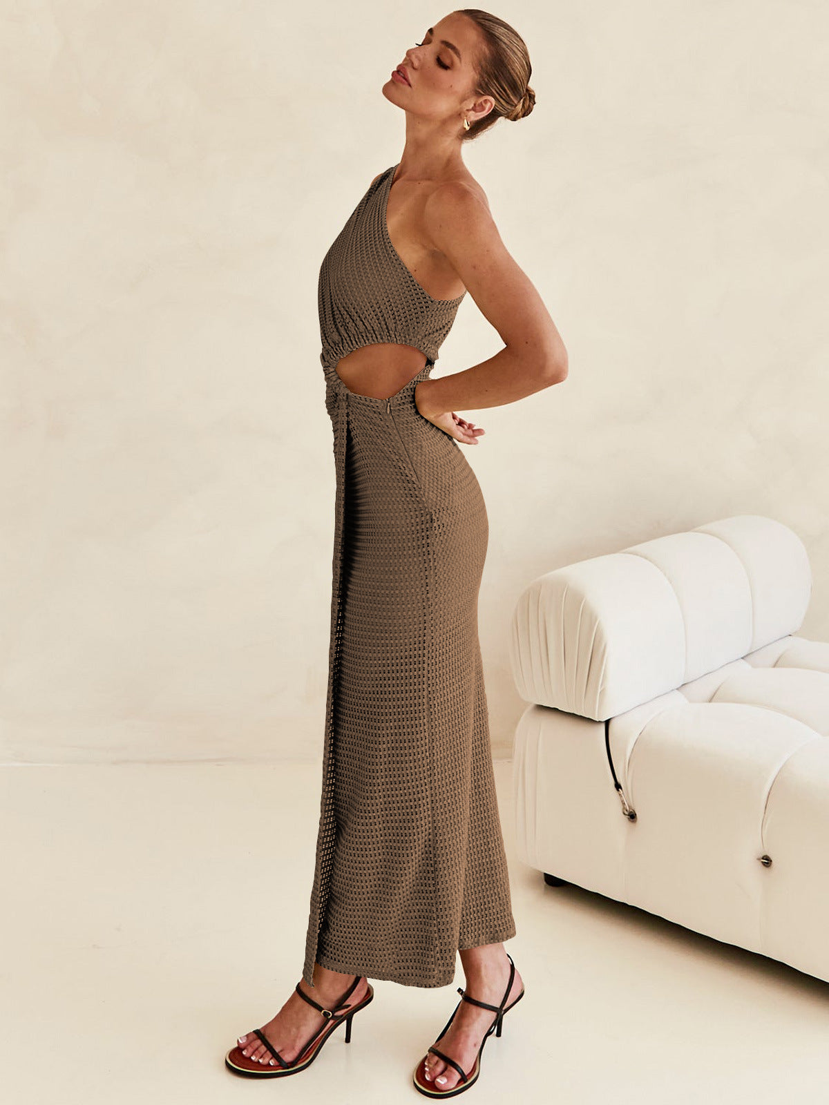 Single Shoulder Hollow Knit Long Dress Senior Sense Women Sexy Bag Hip Skirt Slim Dress