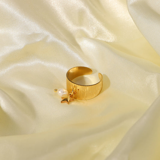5pcs Geometric Freestander Packaging Ring 18K Gold Stainless Steel Star Pearl Pendant Open Ring