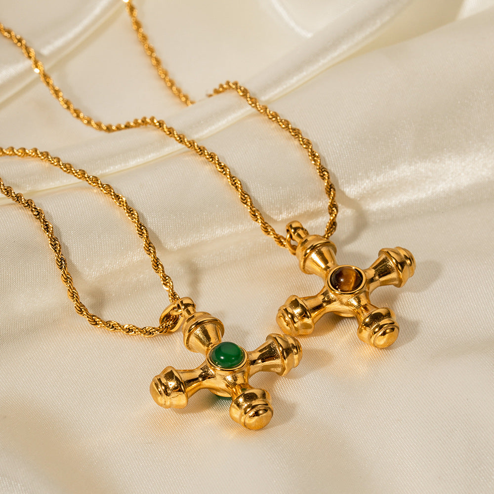 5pcs 18K Gold Stainless Steel Cross Set Tiger Eye Necklace Does Not Fade Fashion Accessories
