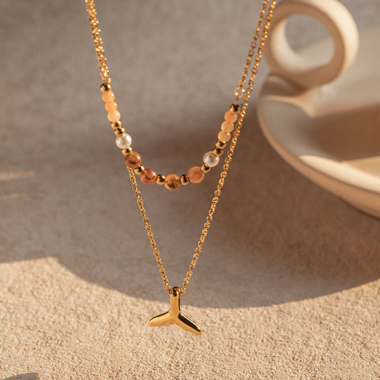 5pcs 18K Gold Stainless Steel Double Fishtail Pendant Necklace Does Not Fade Fashionable Accessories