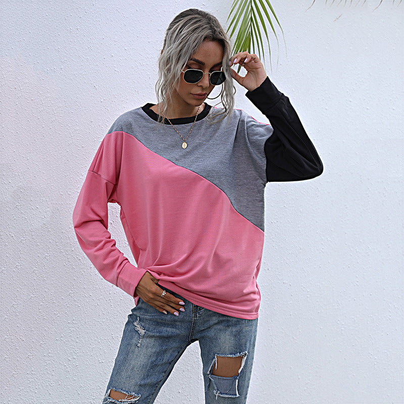 Early Autumn Loose Pink Patchwork Round Neck Long Sleeve Hoodie Woman