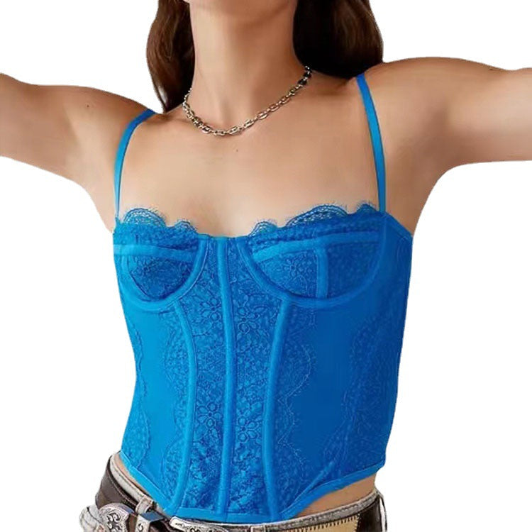 New Lace Embroidery Fishbone Nylon Sexy Chest Halter Hollowed Out Backless Corset Women
