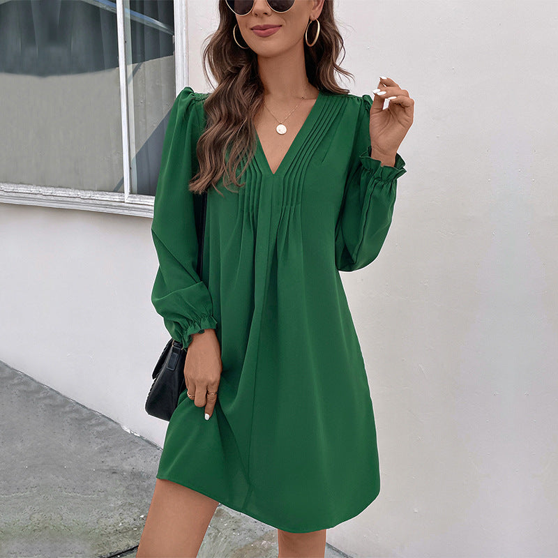 Patchwork Skirt Autumn New Women's V-Neck Pleated Long-Sleeved Dress