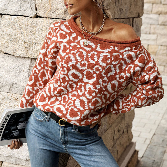 Autumn/Winter New Women's Casual Jacquard Long-Sleeved Leopard Print Sweater