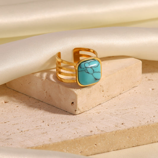 5pcs Niche Style 18K Gold Stainless Steel Inlaid With Turquoise Natural Stone Open Ring Ladies Fashion Hand Jewelry