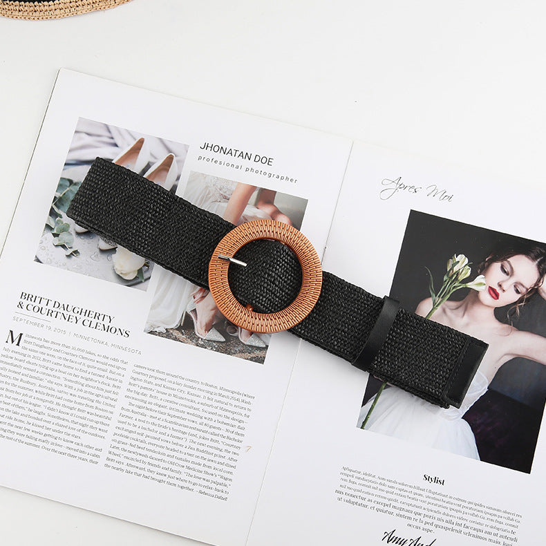 Cotton Hemp Wind Pp Grass Woven Belt For Women Round Square Buckle Dress Gown Decoration Belt