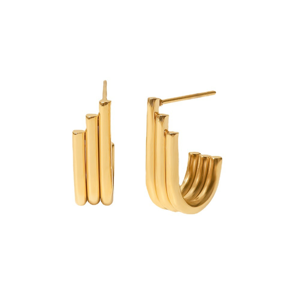 5pcs Titanium Steel Earrings Women's Fashion Matching Geometric Shape Staggered Three Layers Of U-Shaped Opening Earrings