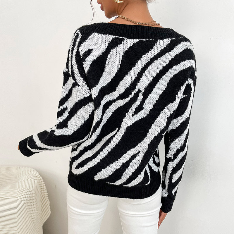 Autumn  Clothing Bottom Pullover V-Neck Black Zebra Print Sweater