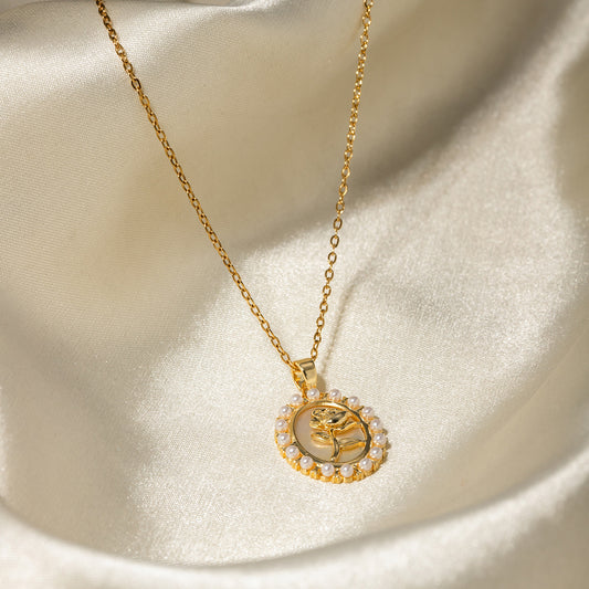 5pcs Vintage 18K Stainless Steel Inlaid Pearl Laser Bottom Frame Flower Pendant Necklace Does Not Fade The Color Of The Niche Jewelry