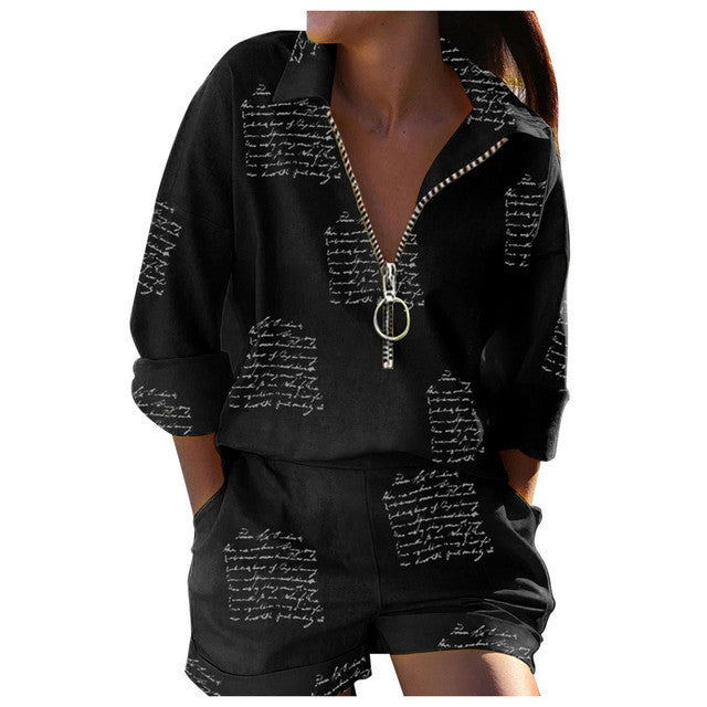 Autumn And Winter New Women's Top Long-Sleeved Printed Zipper Shorts Two-Piece Suit