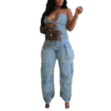 Women's New Fashion Sexy Strapless Single Breasted Multi-Pocket Cargo Jumpsuit
