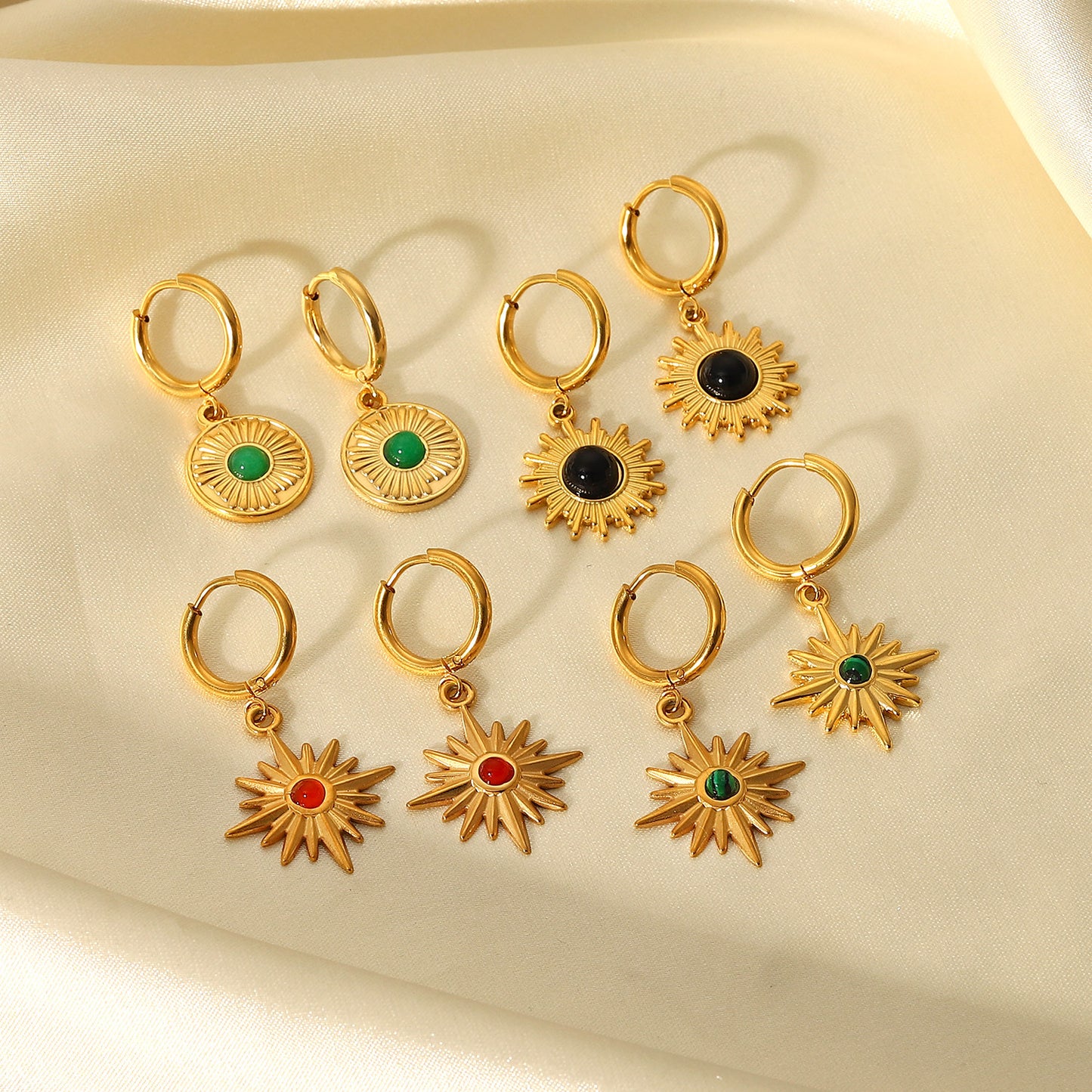 5pcs 18K Gold-Plated Stainless Steel Earrings Natural Stone Octet Star Pendant Ring Earrings For Women