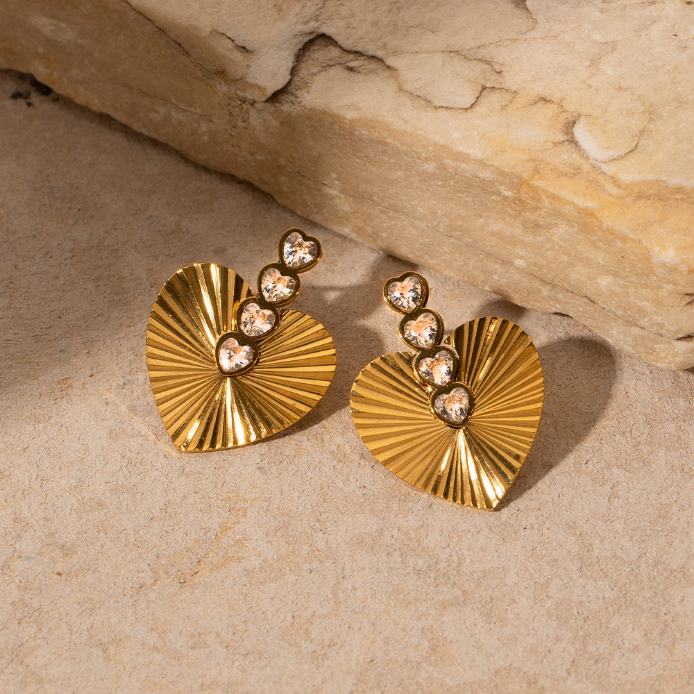 5pcs Vintage Style 18K Gold Stainless Inlaid White Zirconium Love Earrings Women's Fashion Earrings Accessories