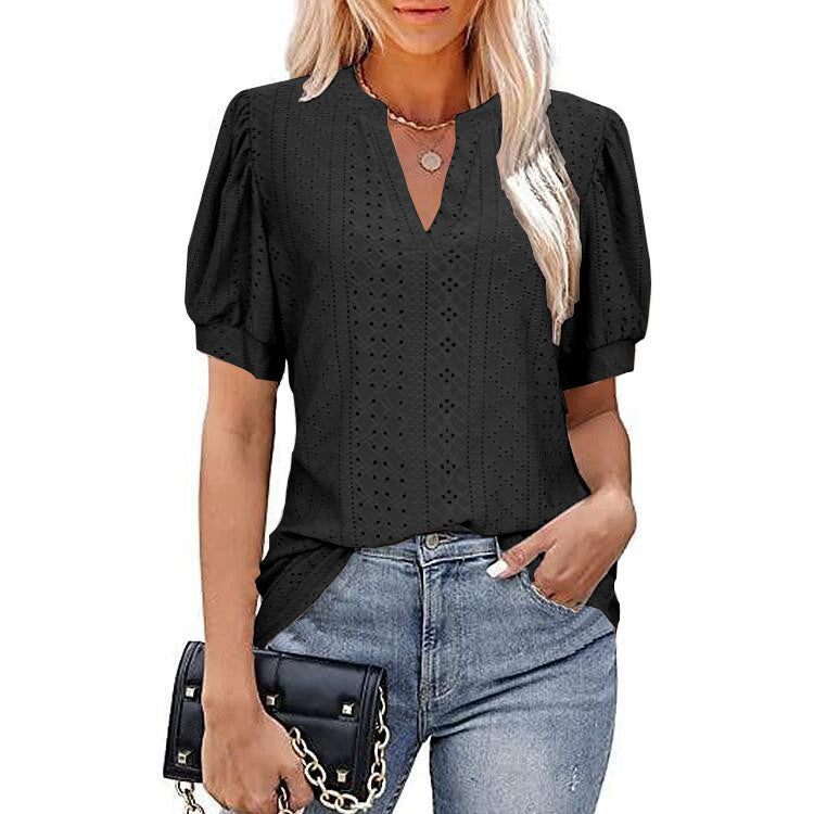 Spring And Summer Casual V-Neck Solid Color Hollow Puffy Sleeve Loose T-Shirt