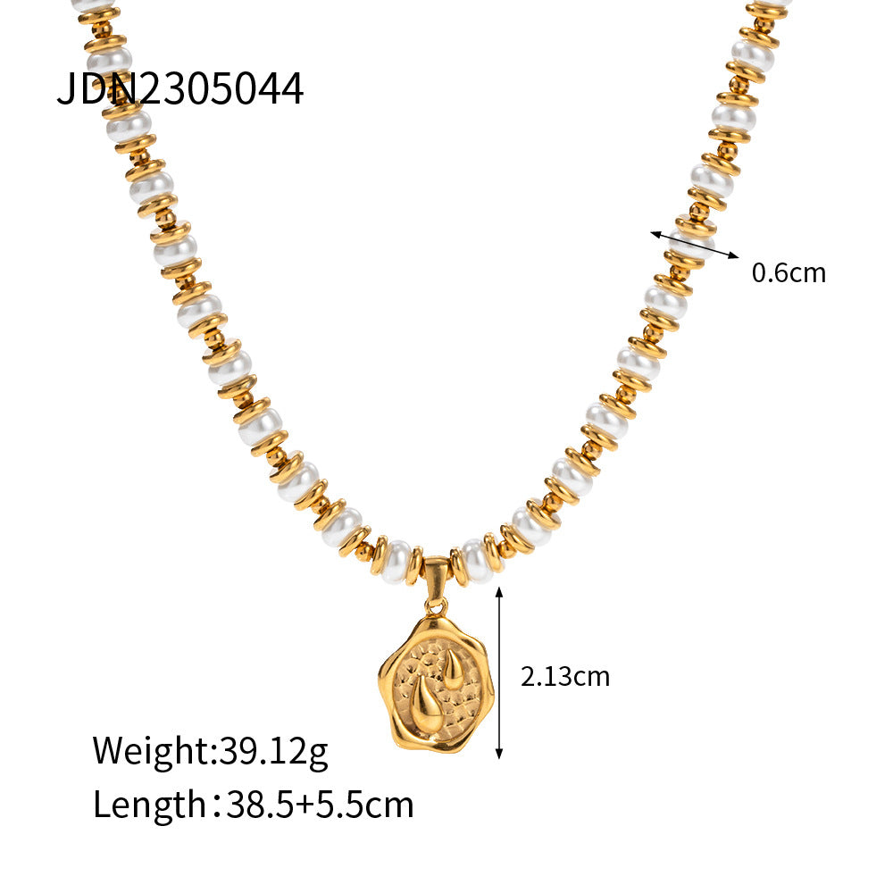 5pcs Fashion Popular 18K Gold Stainless Steel Inlaid Pearl Coin Pendant Necklace Jewelry