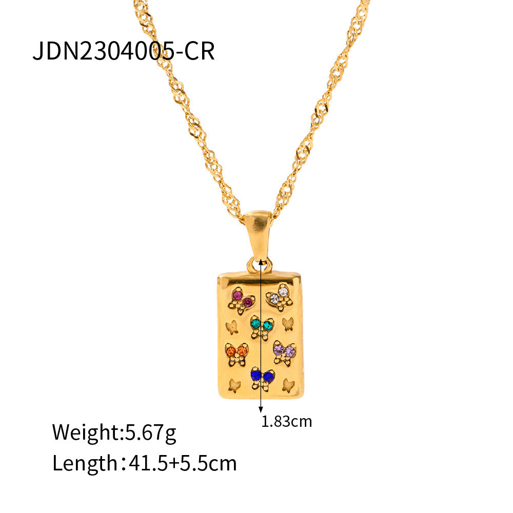 5pcs 18K Gold Stainless Steel Necklace Vintage Collar Fashion Style Square Butterfly Pendant Necklace With White Diamond