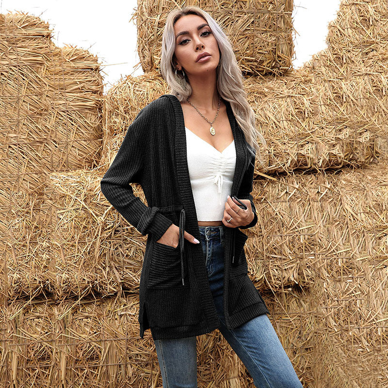 Autumn Solid Color Long Sleeve Cardigan Knit Hooded Sweater Coat Women