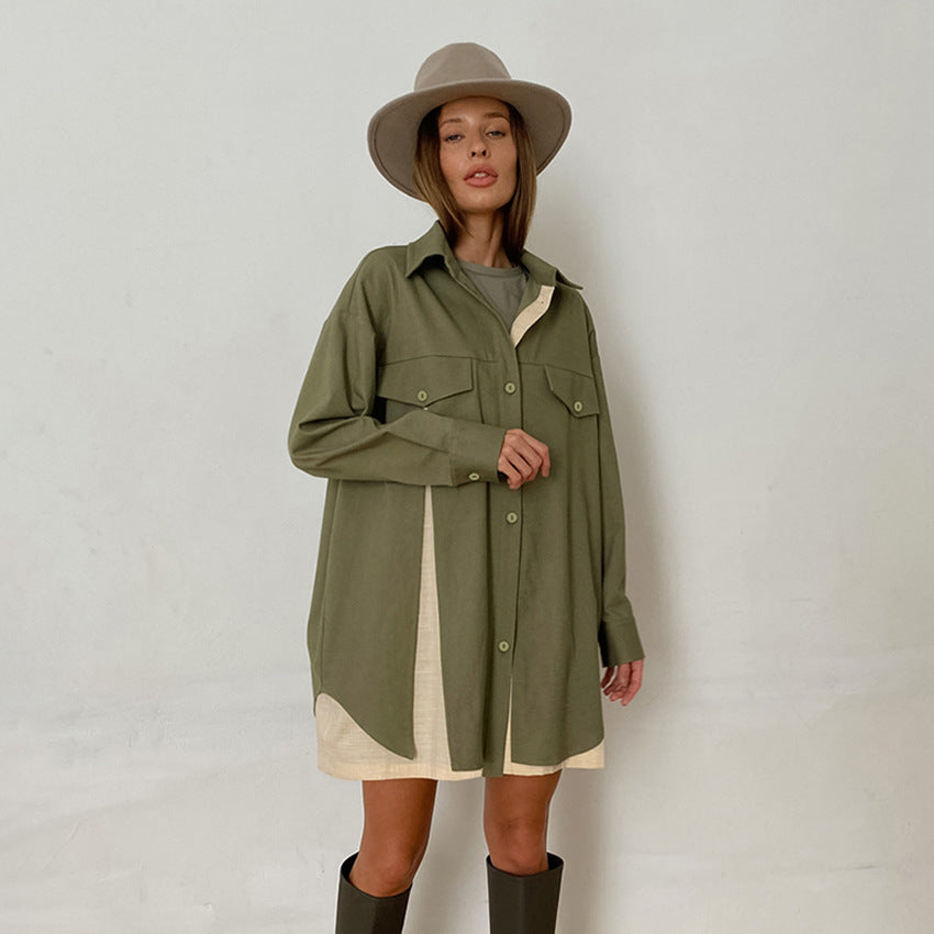 Fashion Long Sleeve Shirt Patchwork Color Contrast Niche Women's Retro Design Sense Shirt Dress Women's Wear