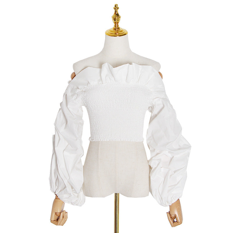 Ruffled Shirt Women's Spring Slim-Fit Solid Color All-In-One Lantern Neck Long Sleeve Slim-Fit Women's Short Shirt