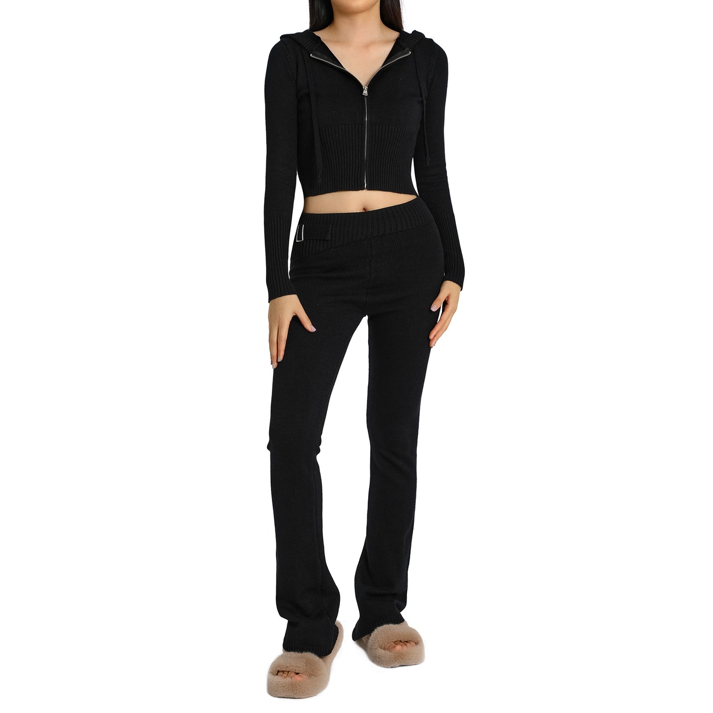 New Knitted Hooded Women's Fashion Sexy High-Waisted Long-Sleeved Trousers Two-Piece Set