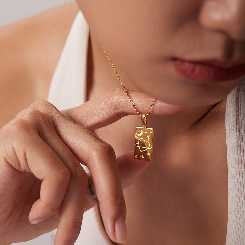 5pcs New 18K Gold Plated Stainless Steel Necklace Fashion Personality Necklace Square Tarot Stamp Pendant Necklace Jewelry