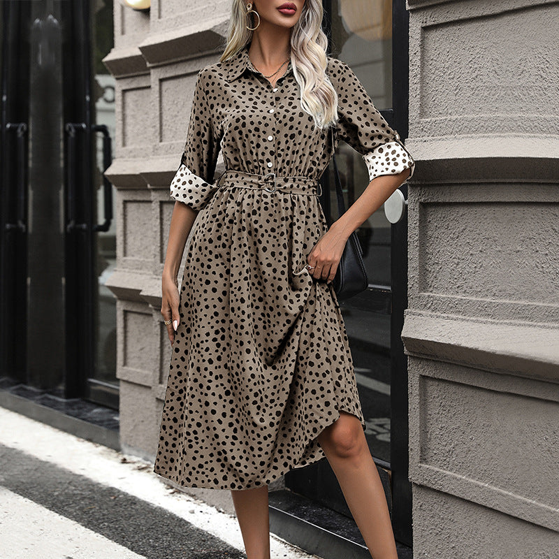 New Dress Lapel Button Temperament Dress Polka Dot Long Skirt High Waist Women Skirt With Belt