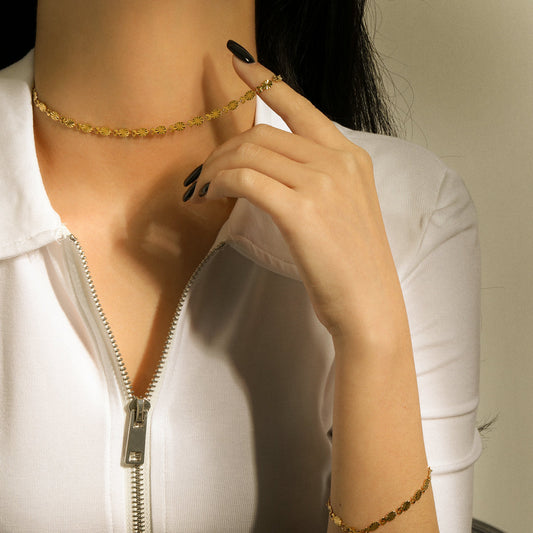 5pcs Classic Gold Oval Petal Chain Necklace Exquisite Daily Accessories Gold Plated Stainless Steel Chain Choker Necklace Women