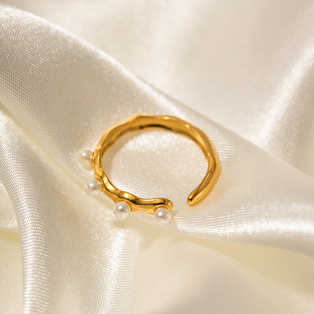 5pcs 18K Gold Stainless Steel Set With Five Pearl Open Ring Does Not Fade Ring