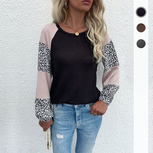 Fall New ern Style Long-Sleeved Waffle Top Spliced Leopard Knit