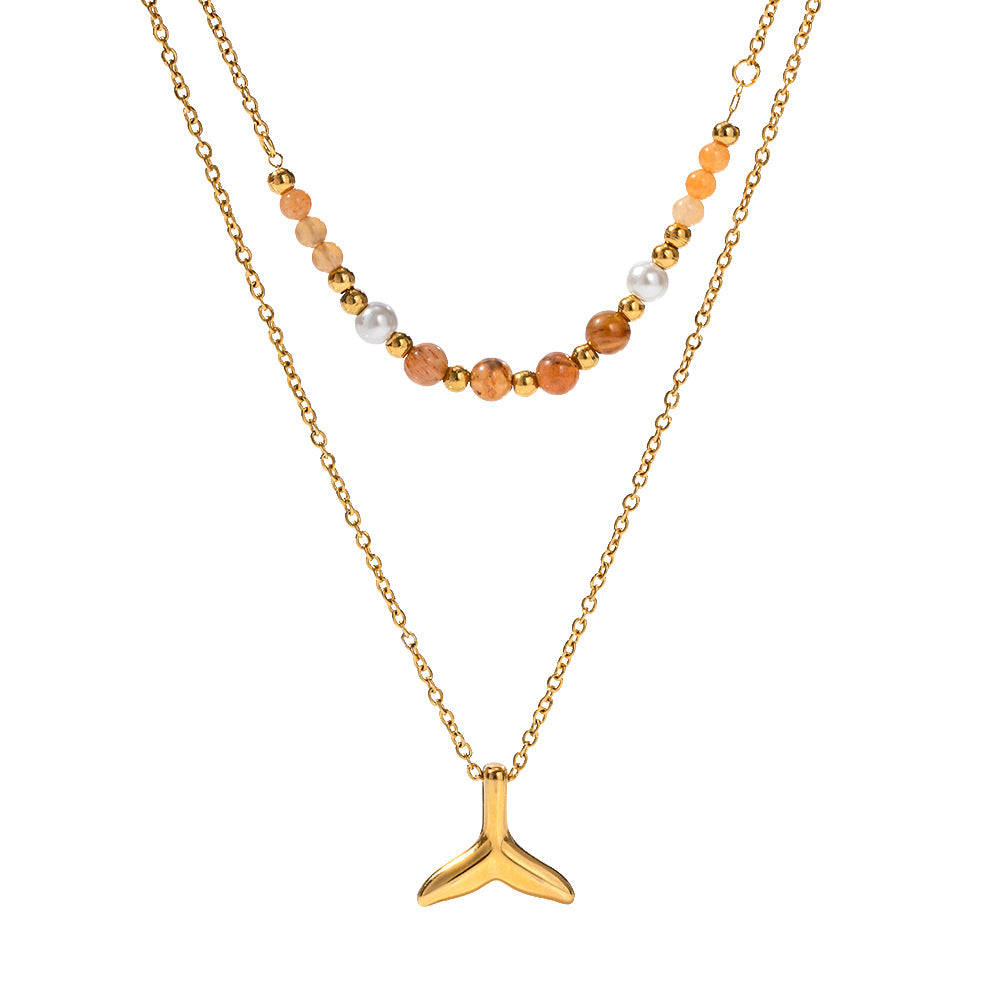 5pcs 18K Gold Stainless Steel Double Fishtail Pendant Necklace Does Not Fade Fashionable Accessories