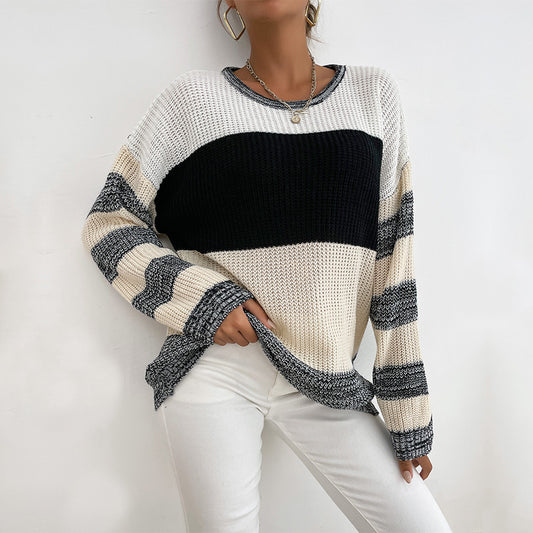 Autumn New  Women's Thin Pullover Round Neck Black And White Color Sweater