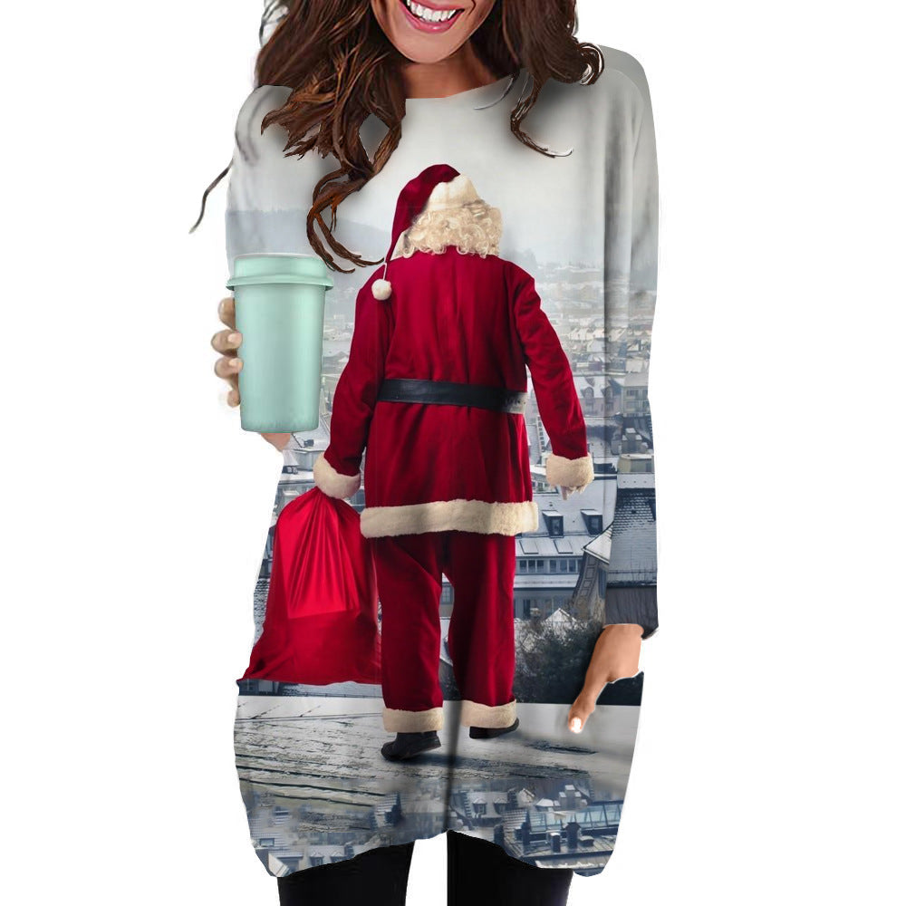 Women's Loose Round Neck 3D Christmas Elements Printed Long T-Shirt A Hair Casual Hoodie