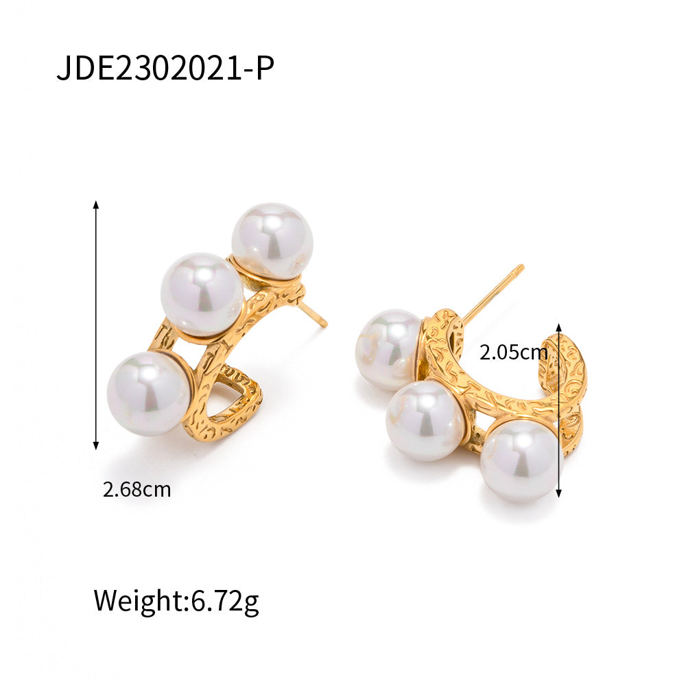 5pcs Classic Stainless Steel Hammer Pattern 18 Gold Inlaid Pearl Earrings Fashion All-In-One Earrings