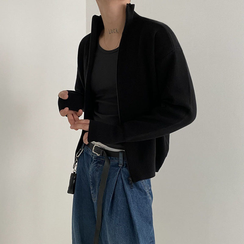 Zipper Knit Cardigan Jacket Men's Autumn Version Of Loose Stand Collar Lazy Half Turtleneck Sweater