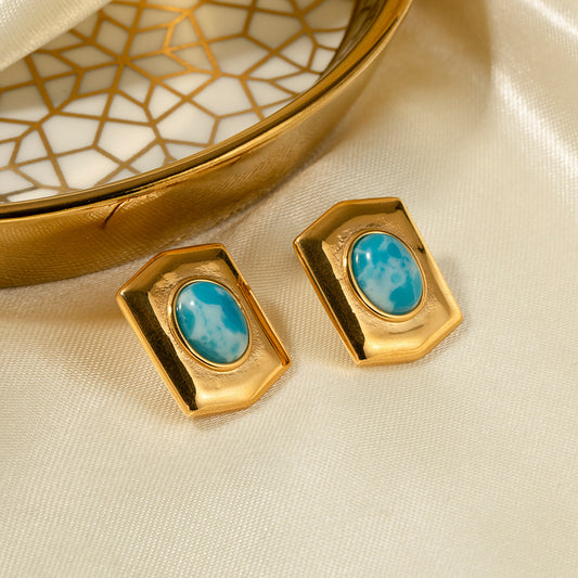 5pcs New Titanium Steel Earrings 18K Gold Stainless Steel Sea Stone Rectangular Earrings With Broad Face Set With Sea Pine Earrings