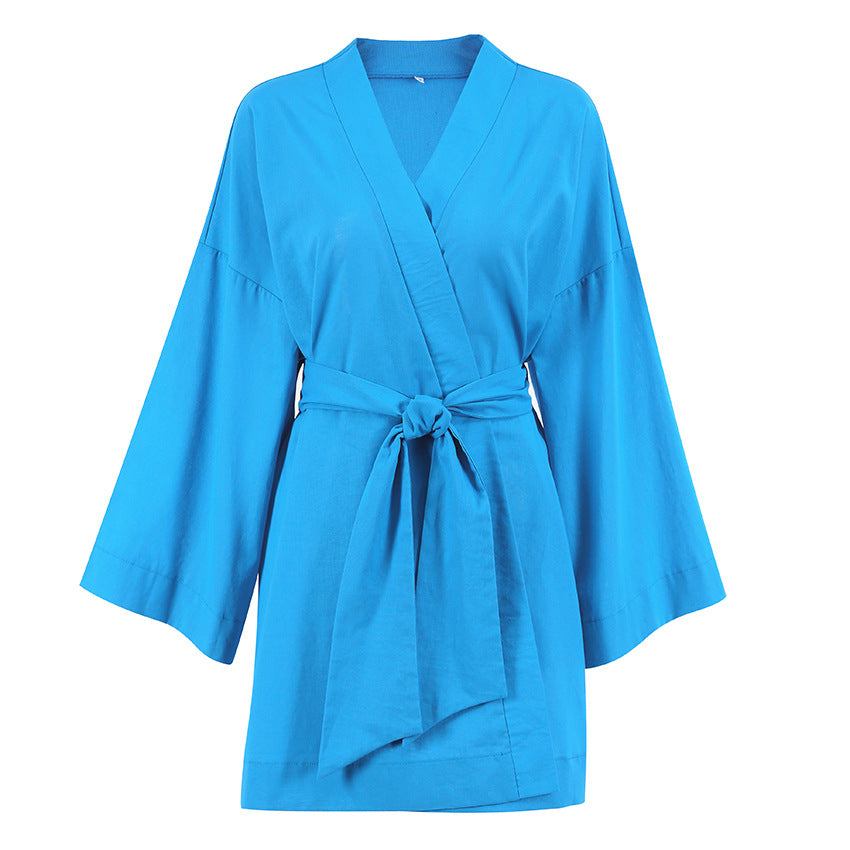 Autumn New Temperament Leisure Commute Wrapped Loose Cotton Hemp Belt High-Waisted Long-Sleeved Dress Women