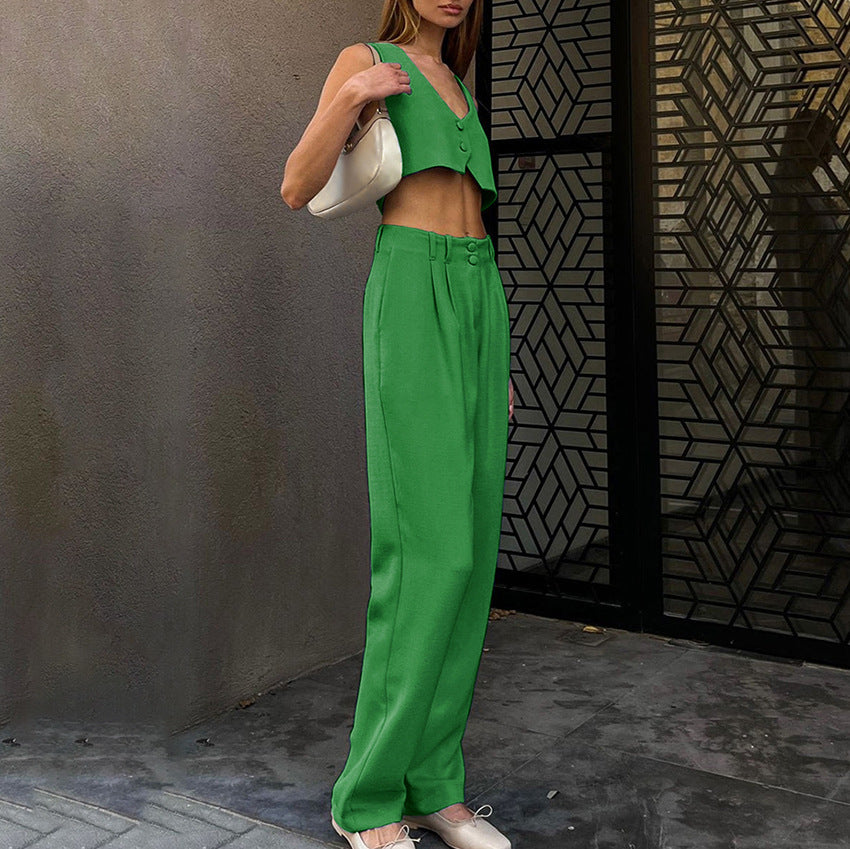New Waistcoat Set High Waist Straight Pants Temperament Casual Simple Commuting Summer Women
