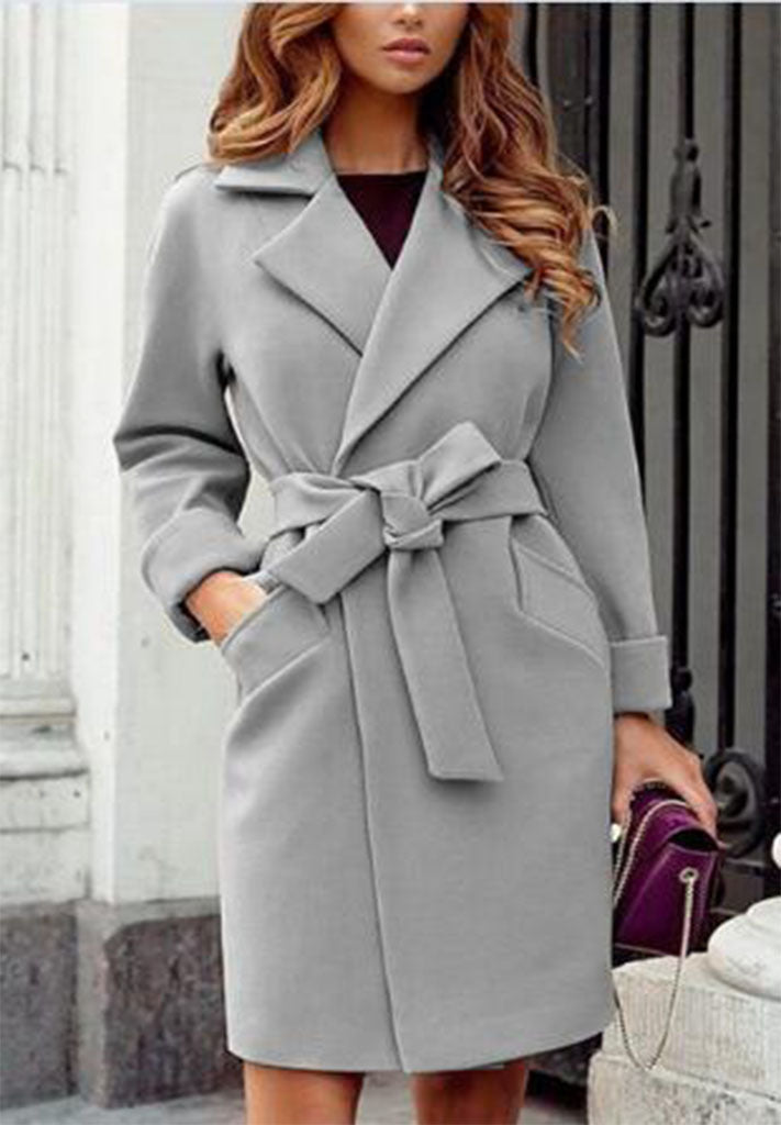 Autumn Winter Fashion Slim-Fit Belt Lapel Wool Coat Coat