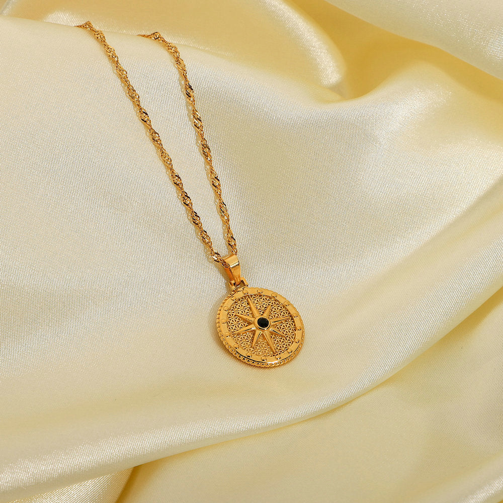 5pcs Street Men's And Women's Pendant Necklace Round Octet Star Black Diamond Stainless Steel Necklace