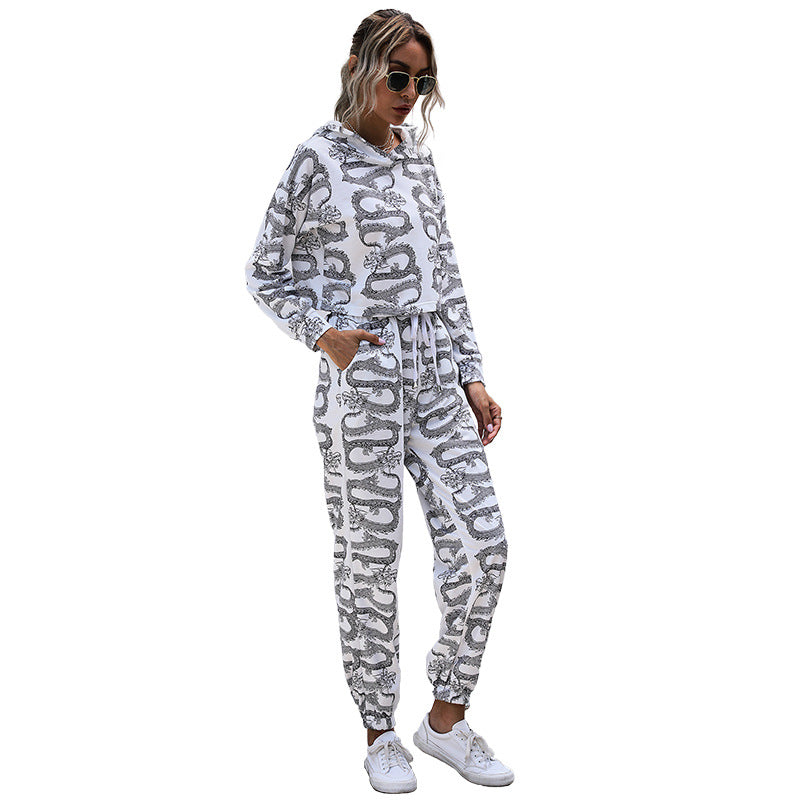 Autumn Winter Autumn Print Hooded Suit Casual Home Two-Piece Women