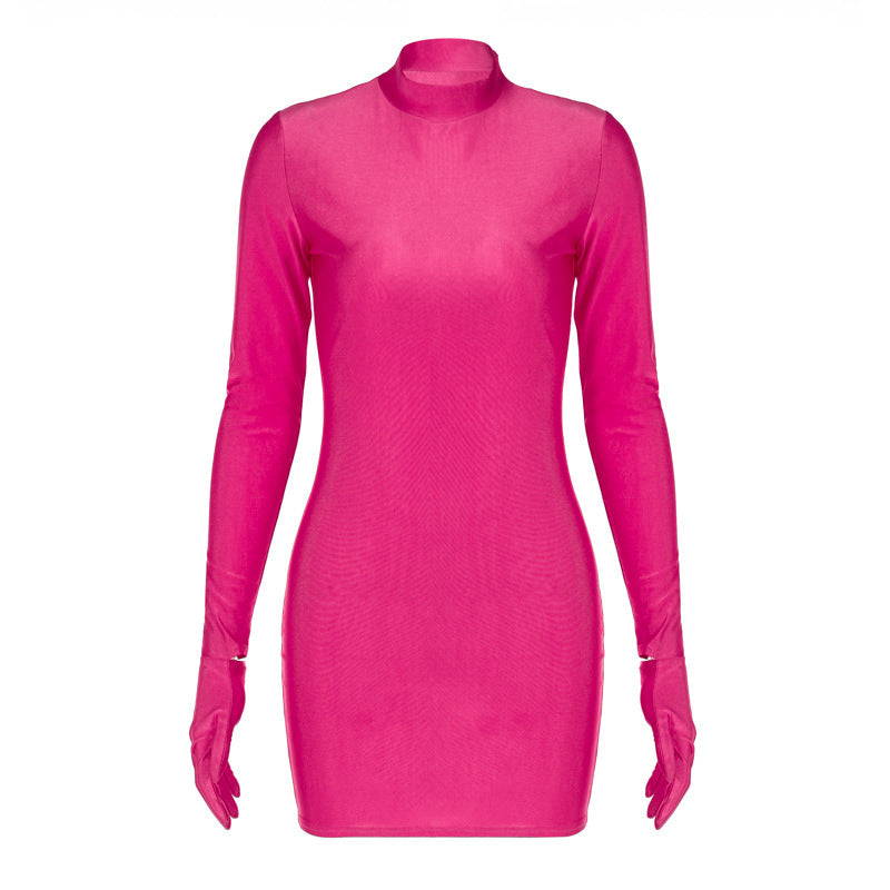 Fluorescent Color Autumn And Winter New Finger Set Women Sexy Bag Hip Round Neck Long Sleeve Dress High Waist Tight Skirt