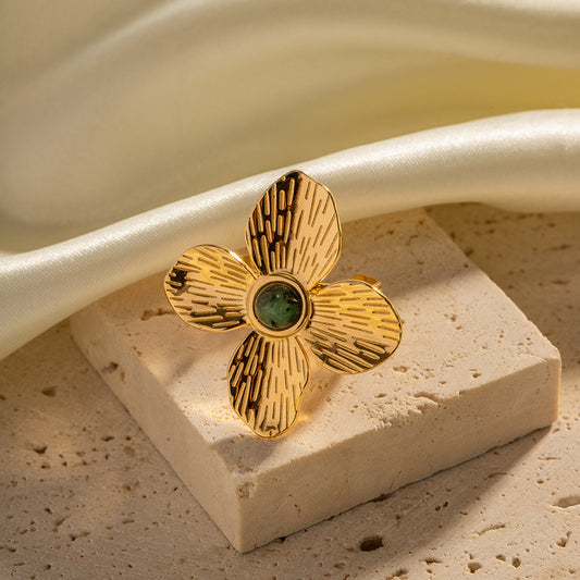 5pcs Royal Style Matte Four-Petal Flower Exaggerated Inlaid African Turquoise Open Ring Advanced Design Sense Ring
