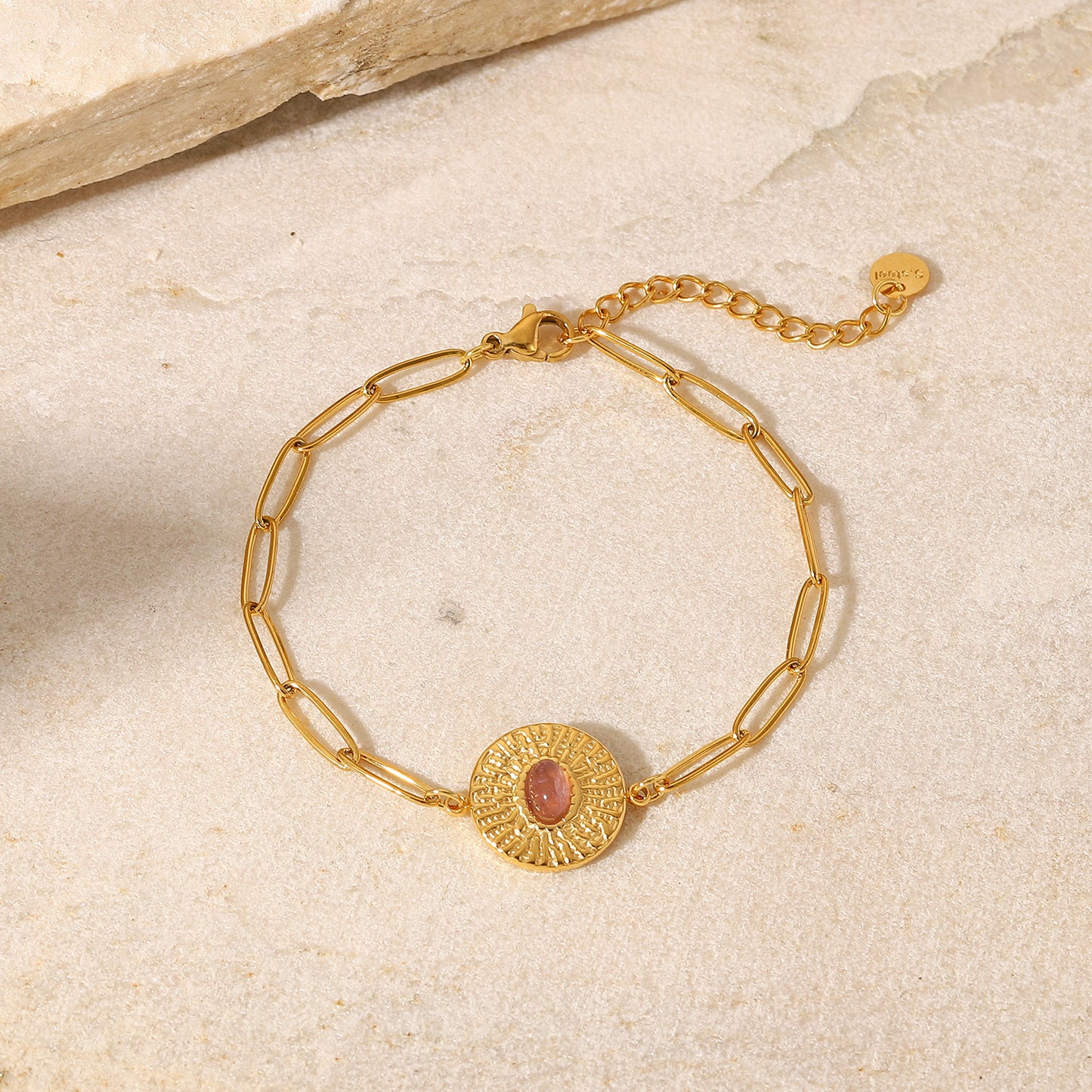 5pcs New Vintage Style 18K Gold Plated Round Brand With Oval Stone Cross Chain Titanium Steel Bracelet Women's Hand Jewelry