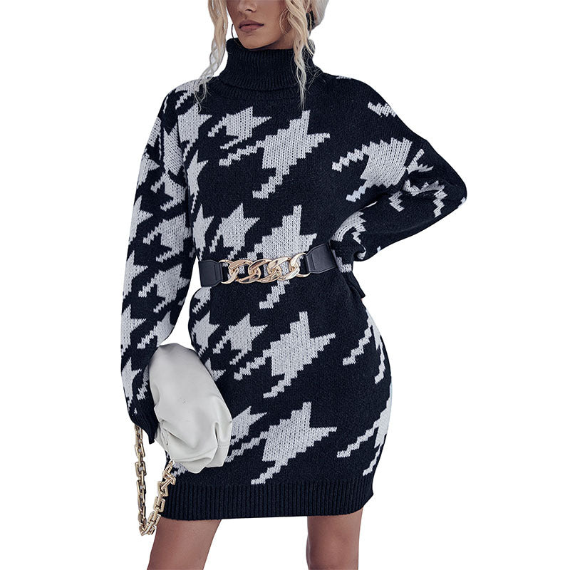 Women's Turtleneck Loose Long-Sleeved Thousand Bird Check Sweater Dress